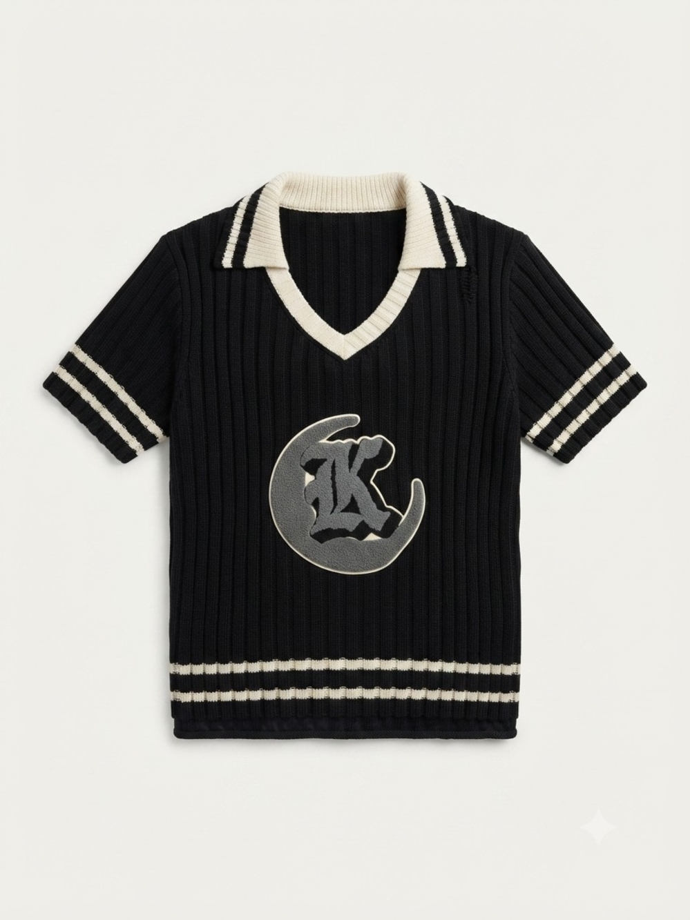 Killstar Black Polo Knit Top with Cream Trim and Crescent Moon Logo